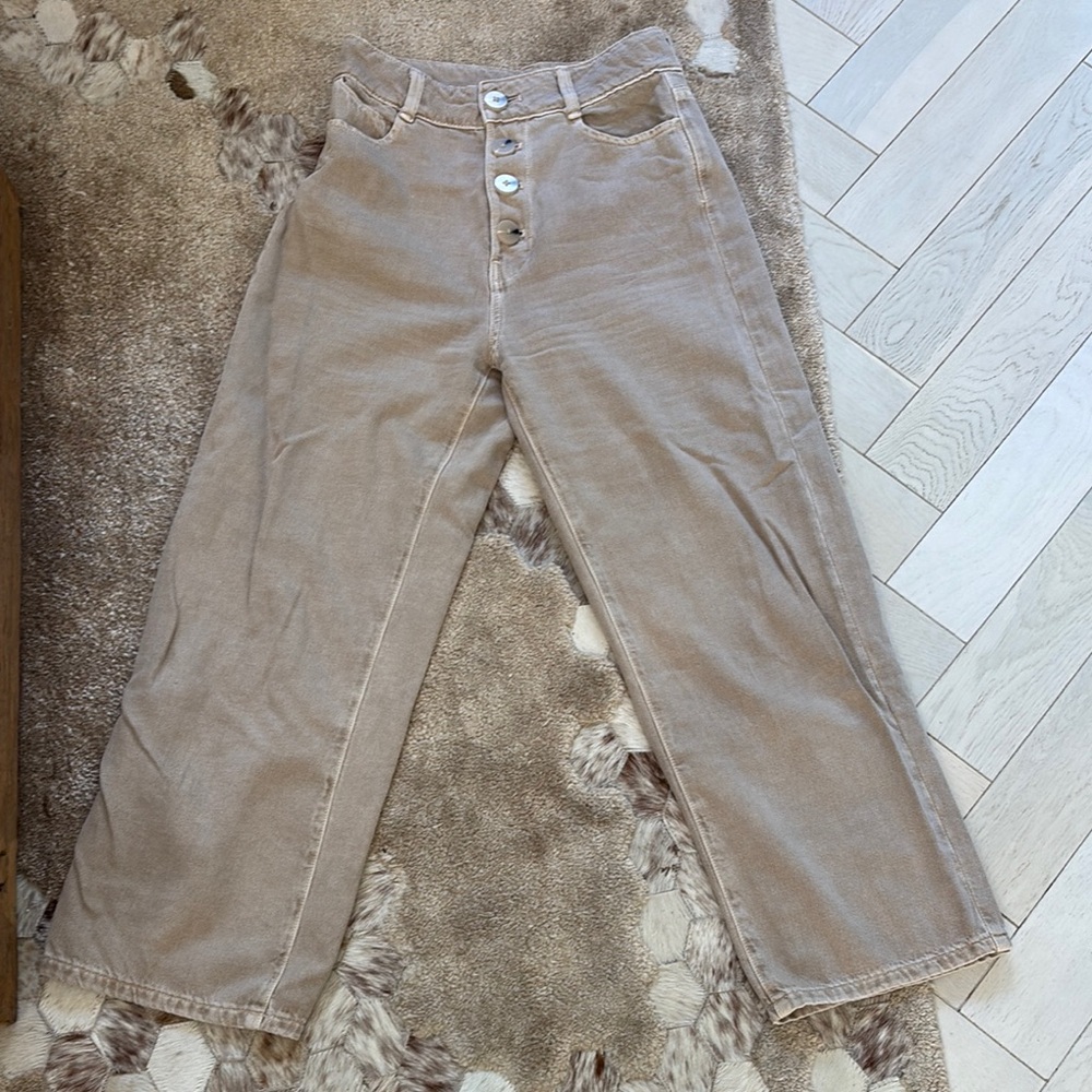 Zara  Beige High-Waisted Wide-Leg Cropped  Pants